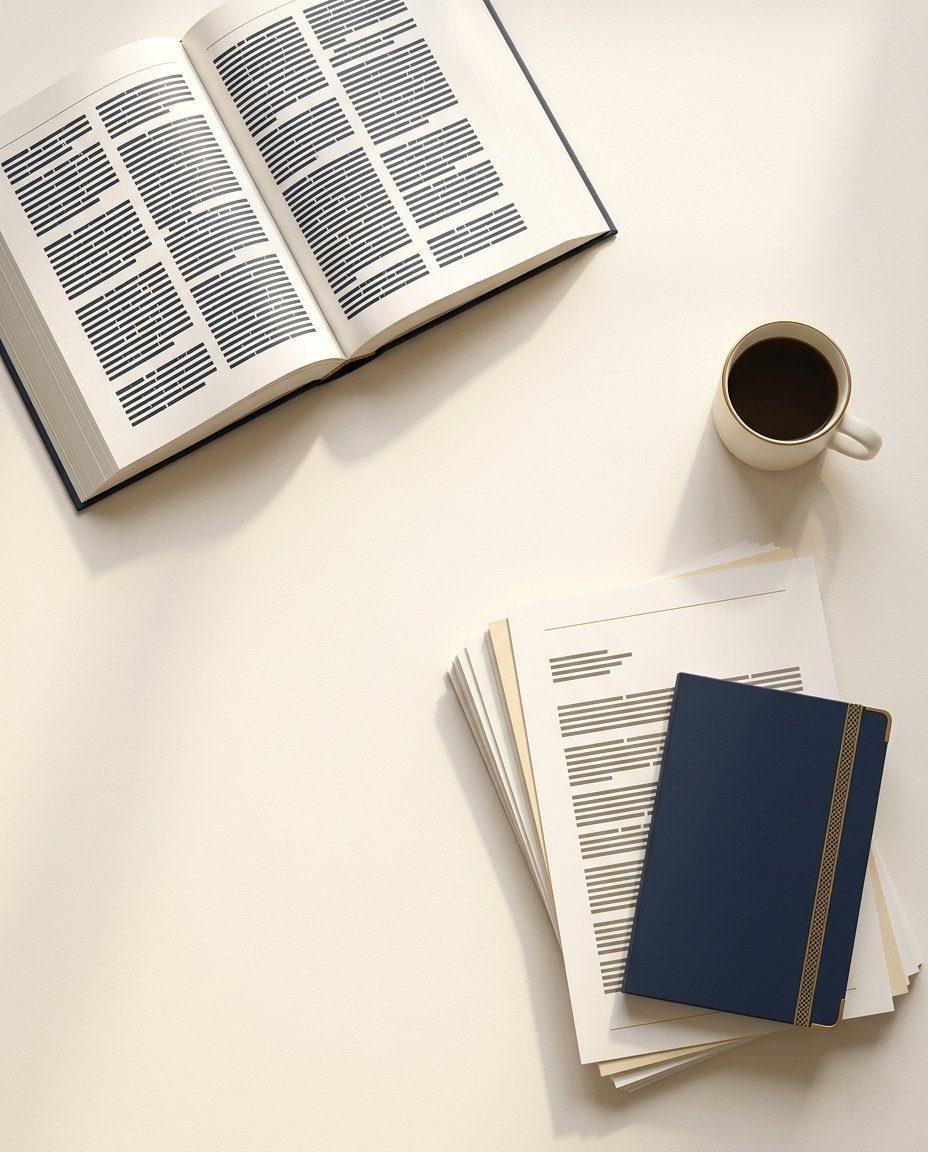 A desk with documents, a notebook and coffee